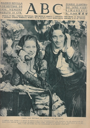 PERIODICO ABC MADRID-SEVILLA  9 DE SEPTIEMBRE DE 1930 Nº8644 PARIS. ESPOSAS DE COSTES Y DE BELLONTE
