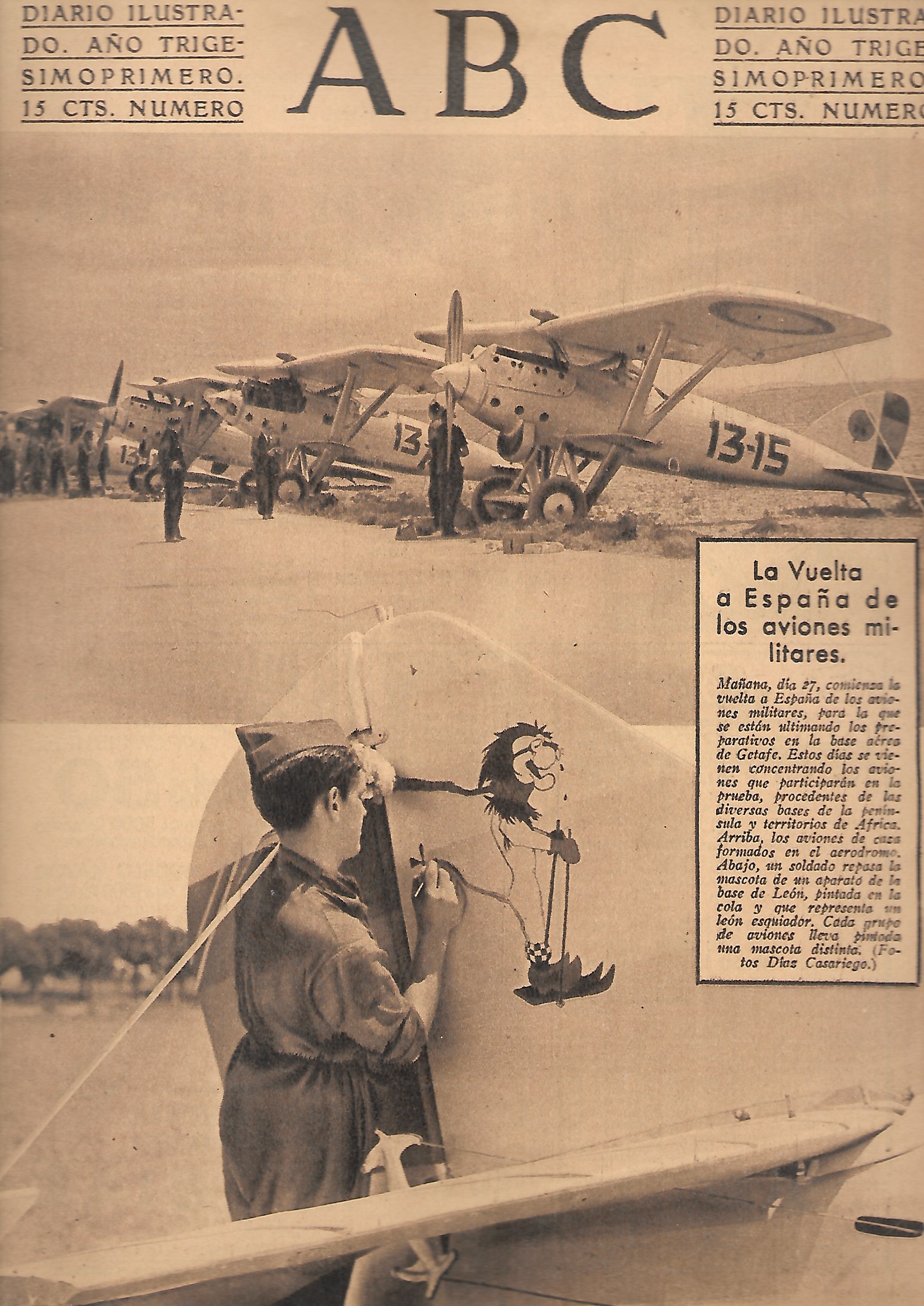 PERIODICO ABC MADRID-SEVILLA 27 DE JUNIO DE 1935 LA VUELTA A ESPAÑA DE AVIONES MILITARES