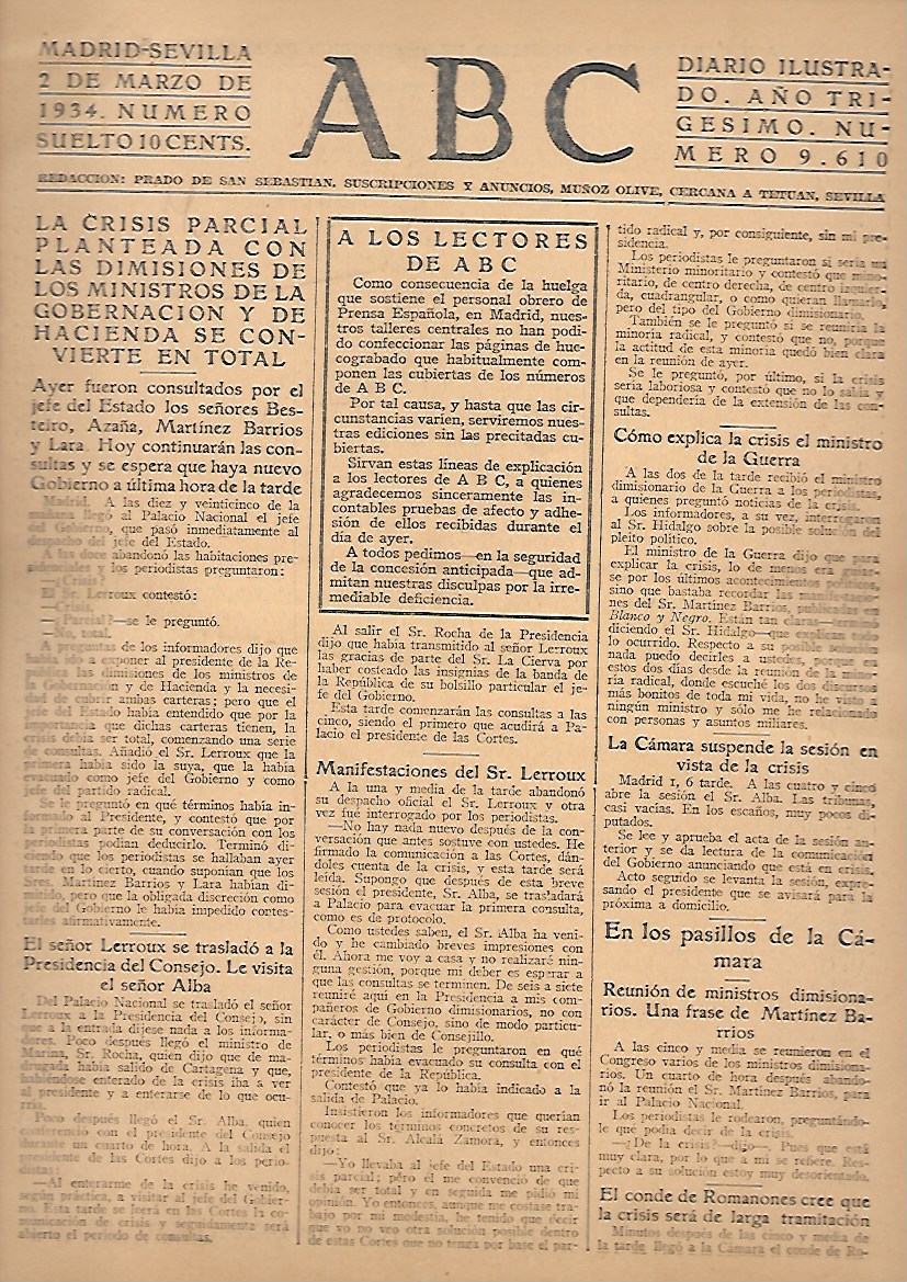 PERIODICO ABC MADRID-SEVILLA 2 DE MARZO DE 1934 Nº9610