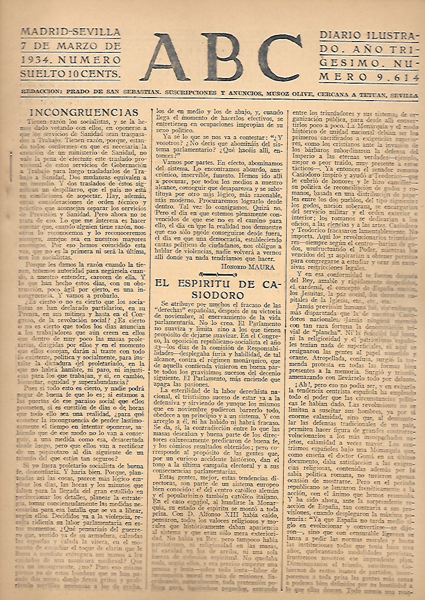 PERIODICO ABC MADRID-SEVILLA 7 DE MARZO DE 1934 Nº9614
