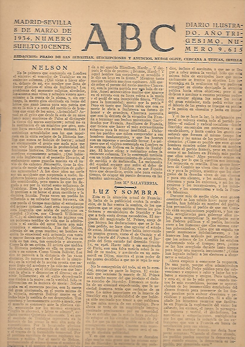 PERIODICO ABC MADRID-SEVILLA 8 DE MARZO DE 1934 Nº9615