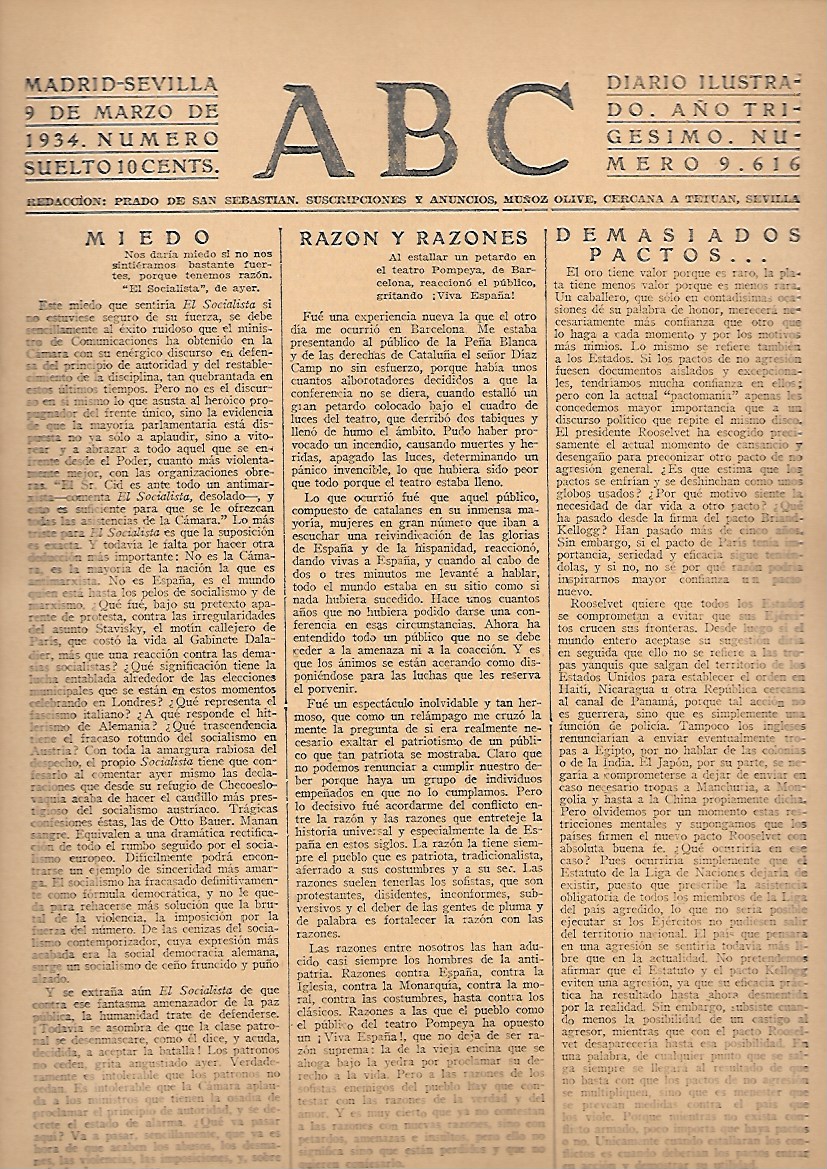 PERIODICO ABC MADRID-SEVILLA 9 DE MARZO DE 1934 Nº9616