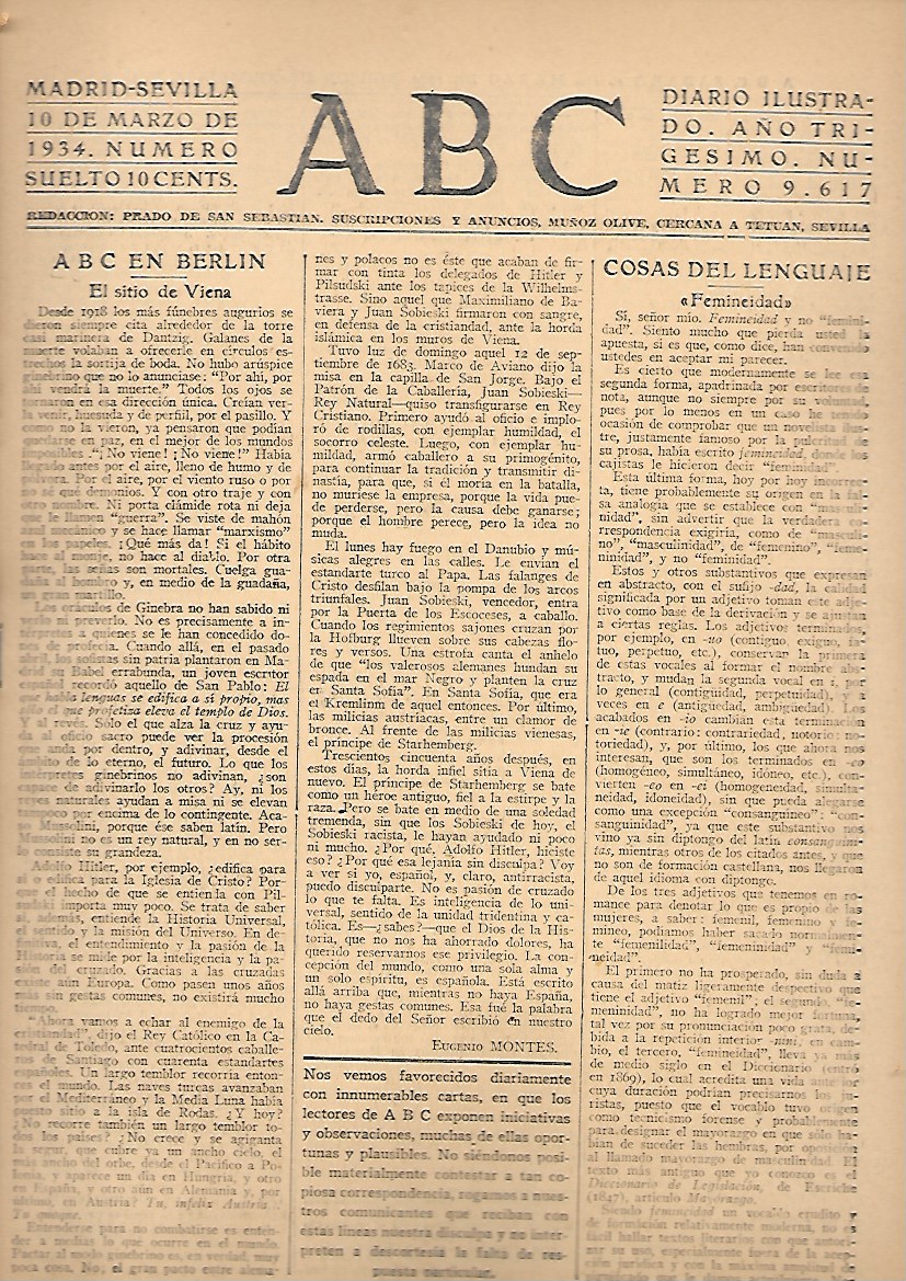 PERIODICO ABC MADRID-SEVILLA 10 DE MARZO DE 1934 Nº9617