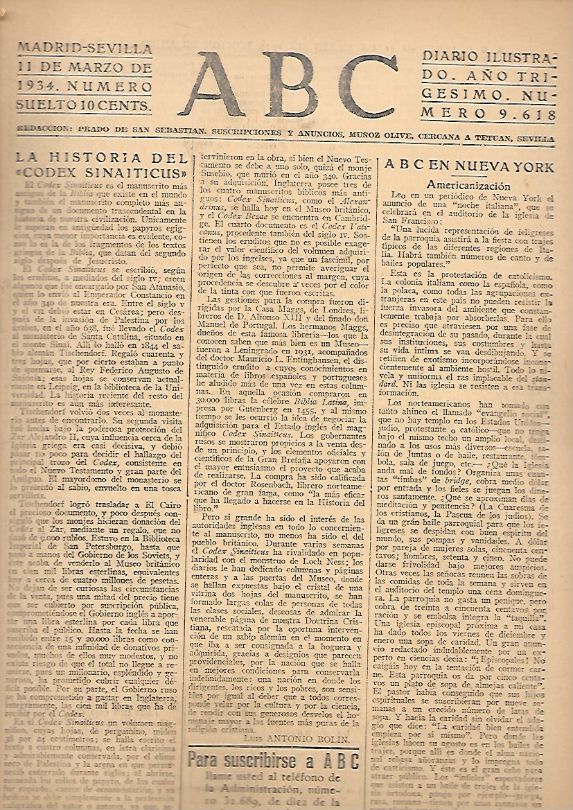 PERIODICO ABC MADRID-SEVILLA 11 DE MARZO DE 1934 Nº 9618