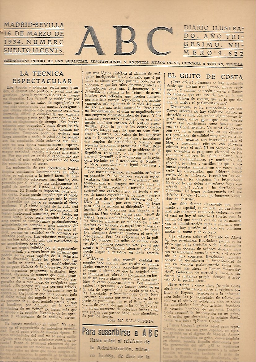 PERIODICO ABC MADRID-SEVILLA 16 DE MARZO DE 1934 Nº9622