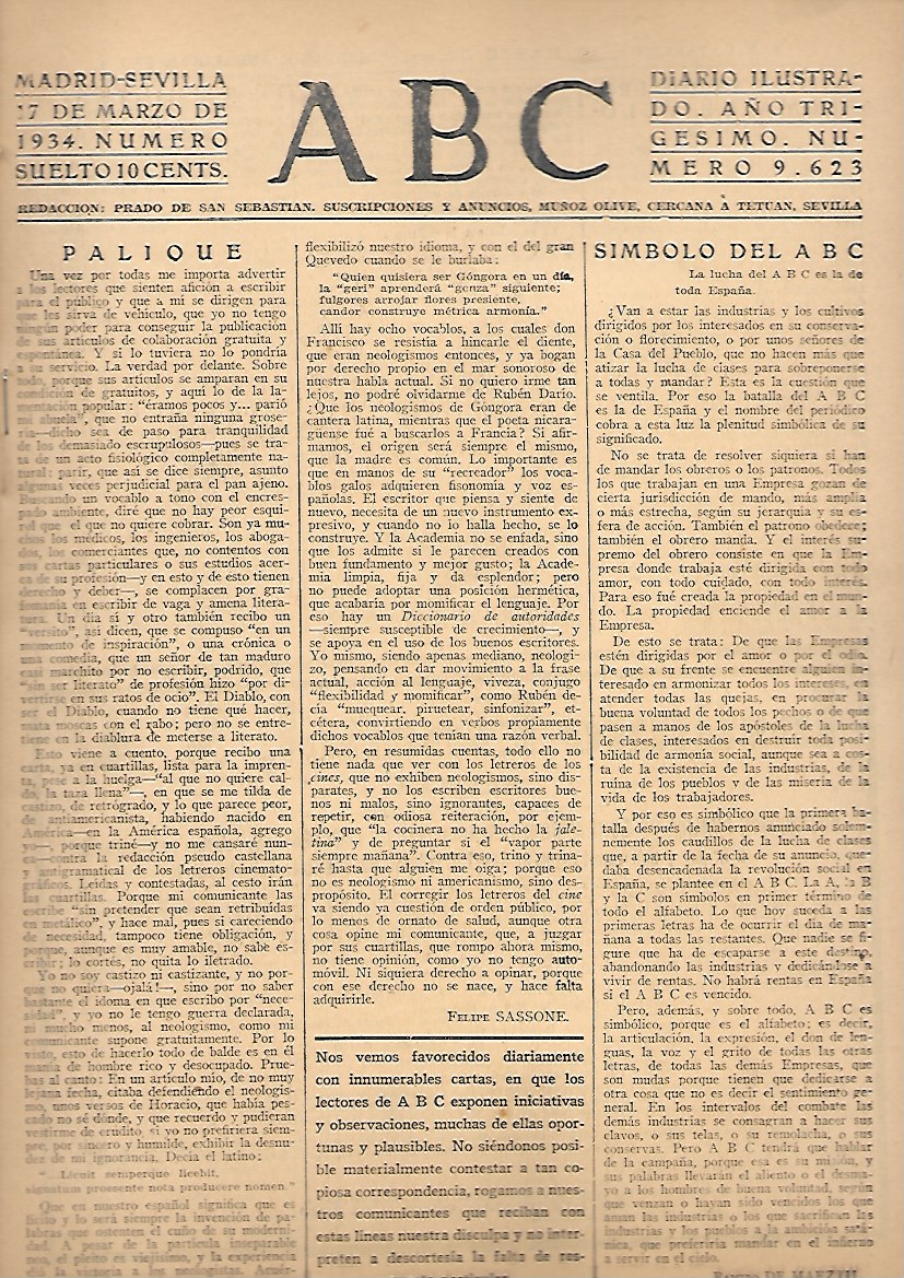 PERIODICO ABC MADRID-SEVILLA 17 DE MARZO DE 1934 Nº9623