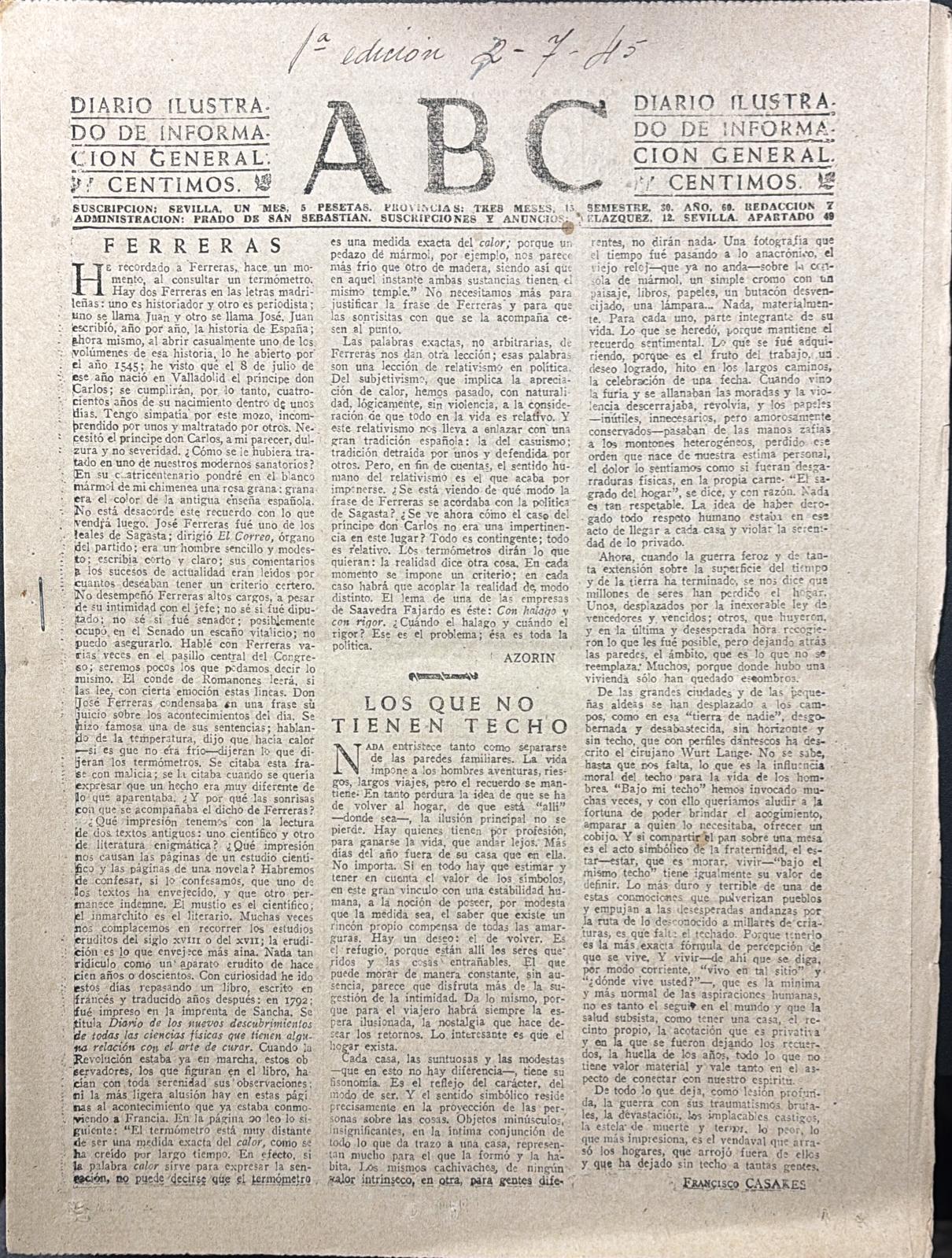 PERIODICO ABC MADRID-SEVILLA 3 DE JULIO DE 1945 Nº 13070.