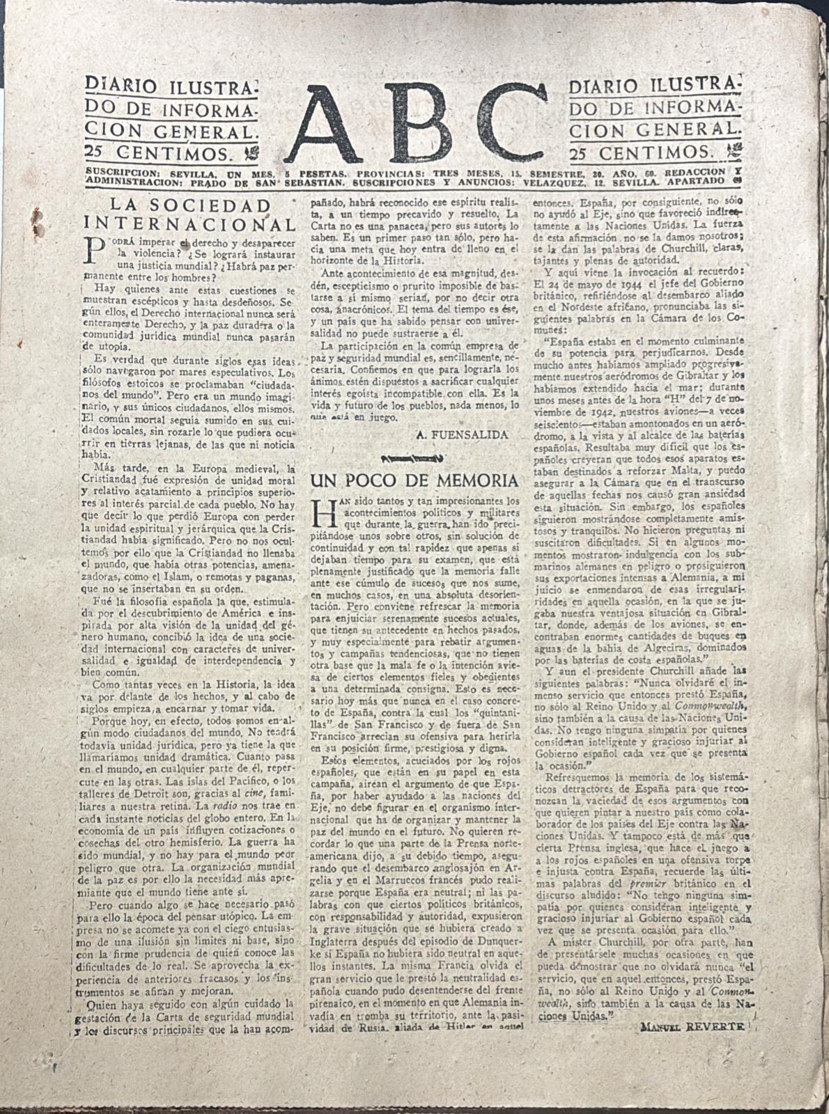 PERIODICO ABC MADRID-SEVILLA 11 DE JULIO DE 1945 Nº 13077