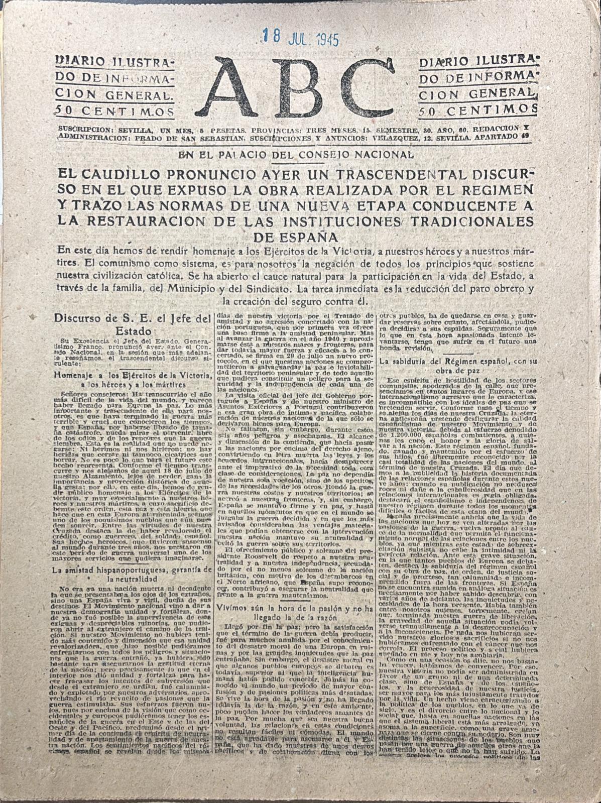 PERIODICO ABC MADRID-SEVILLA 18 DE JULIO DE 1945 Nº 13083
