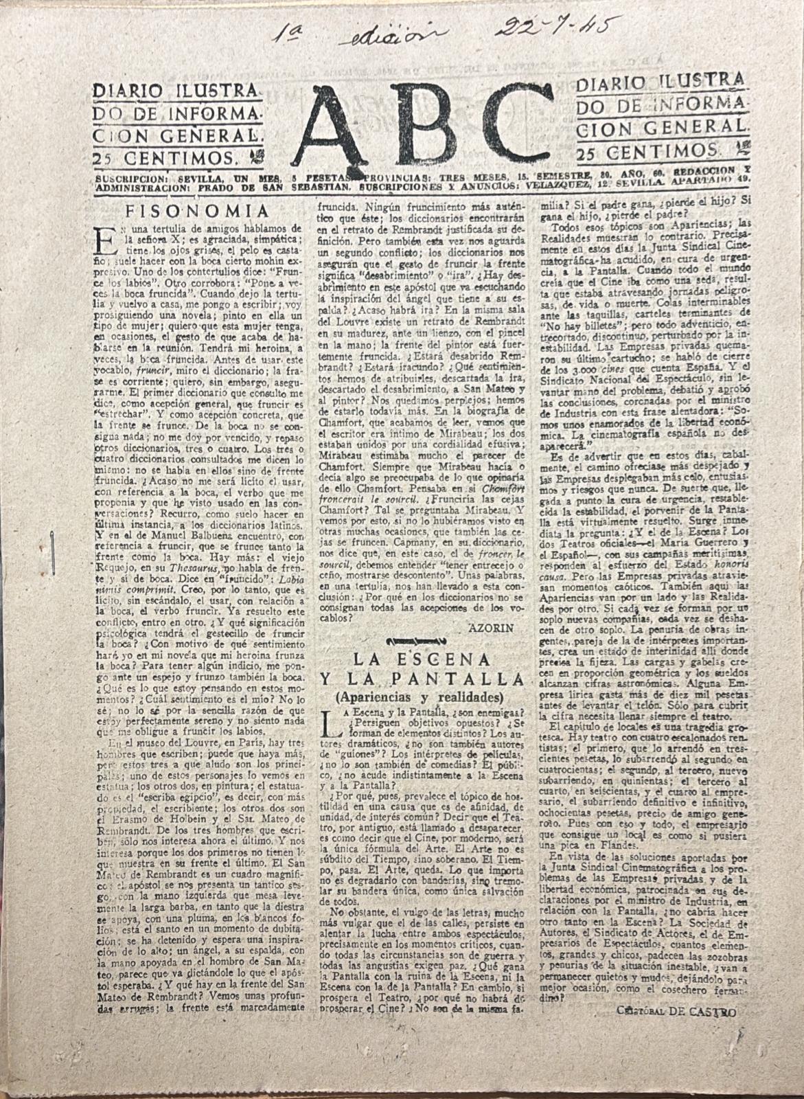 PERIODICO ABC MADRID-SEVILLA 22 DE JULIO DE 1945 Nº 13087