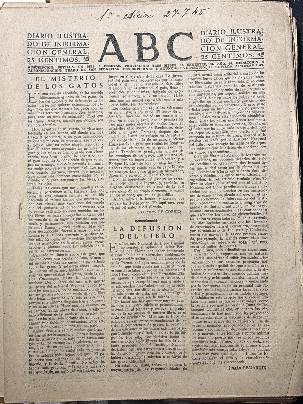 PERIODICO ABC MADRID-SEVILLA 27 DE JULIO DE 1945 Nº 13091