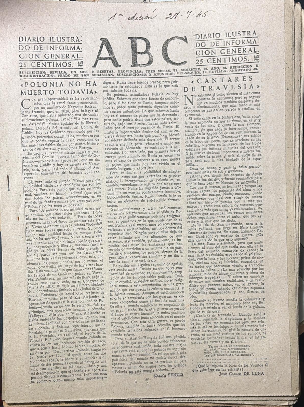 PERIODICO ABC MADRID-SEVILLA 28 DE JULIO DE 1945 Nº 13092