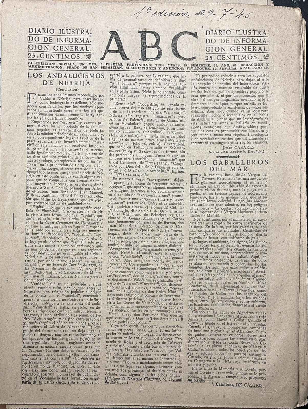 PERIODICO ABC MADRID-SEVILLA 29 DE JULIO DE 1945 Nº 13093
