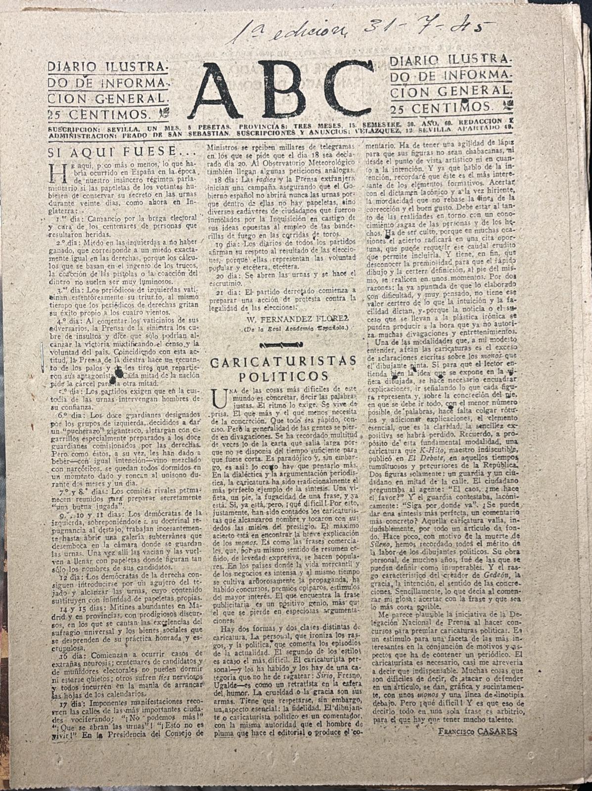 PERIODICO ABC MADRID-SEVILLA 31 DE JULIO DE 1945 Nº 13094