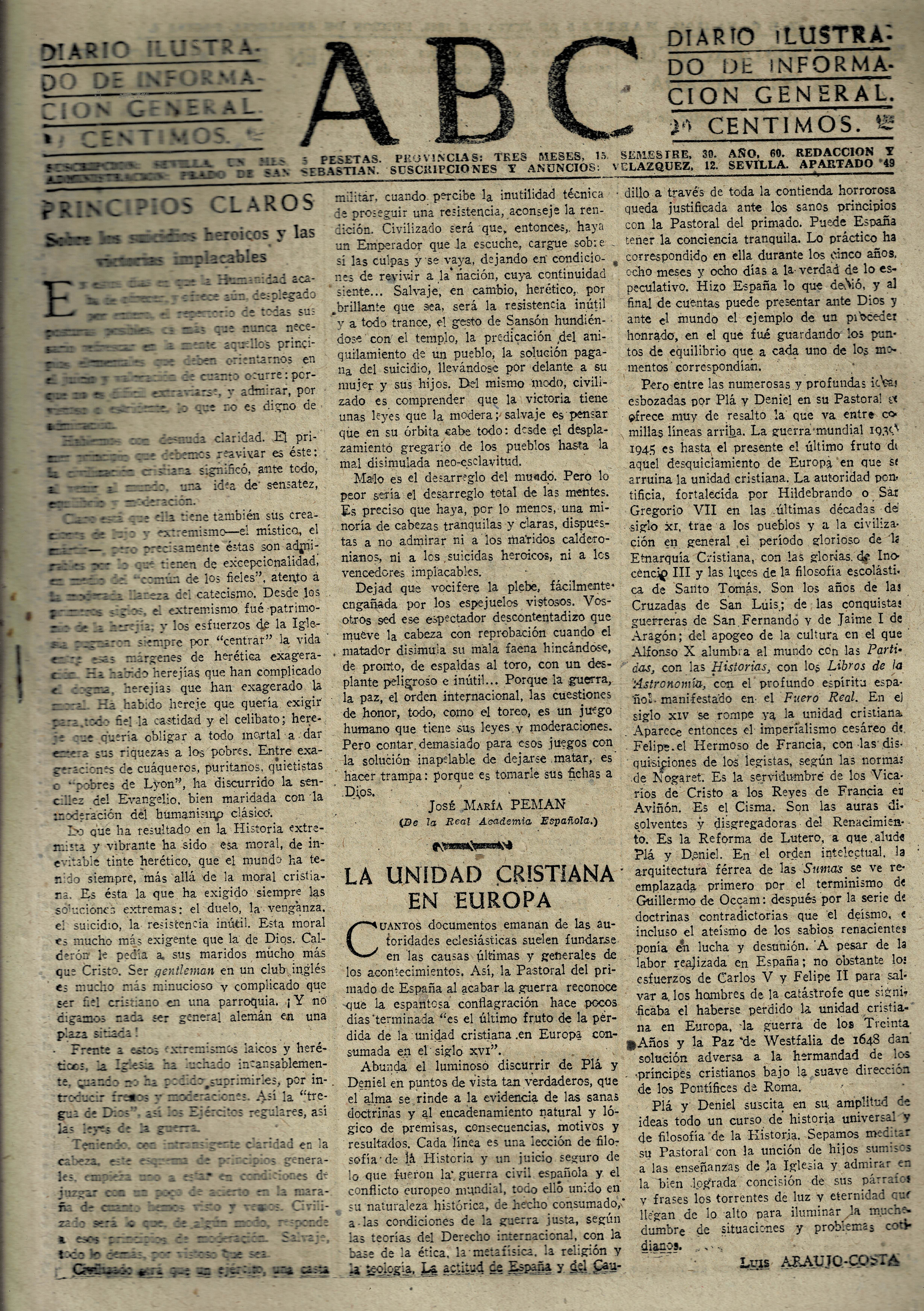 PERIODICO ABC MADRID-SEVILLA 5 DE JUNIO DE 1945 Nº 13046