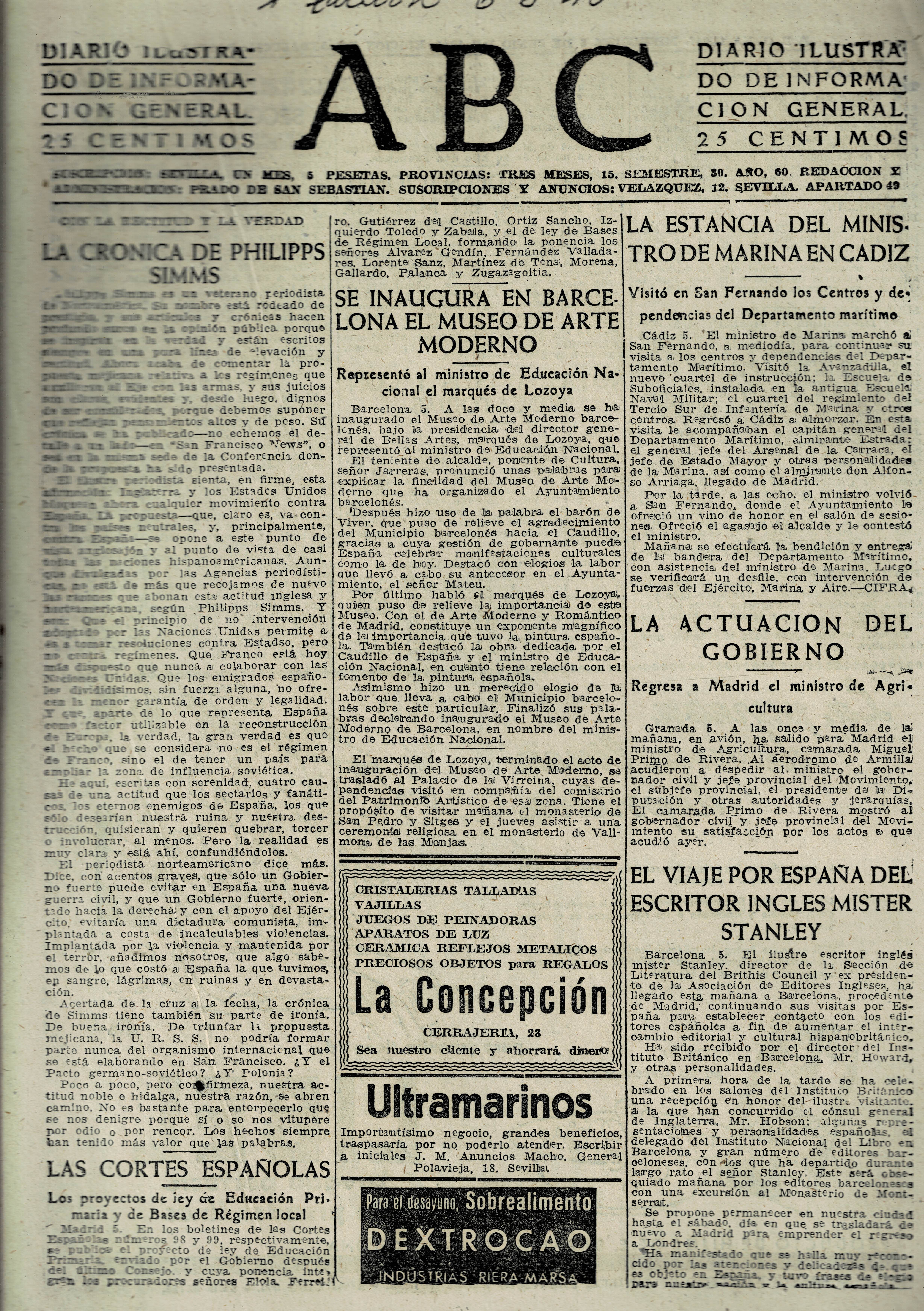 PERIODICO ABC MADRID-SEVILLA 6 DE JUNIO DE 1945 Nº 13047