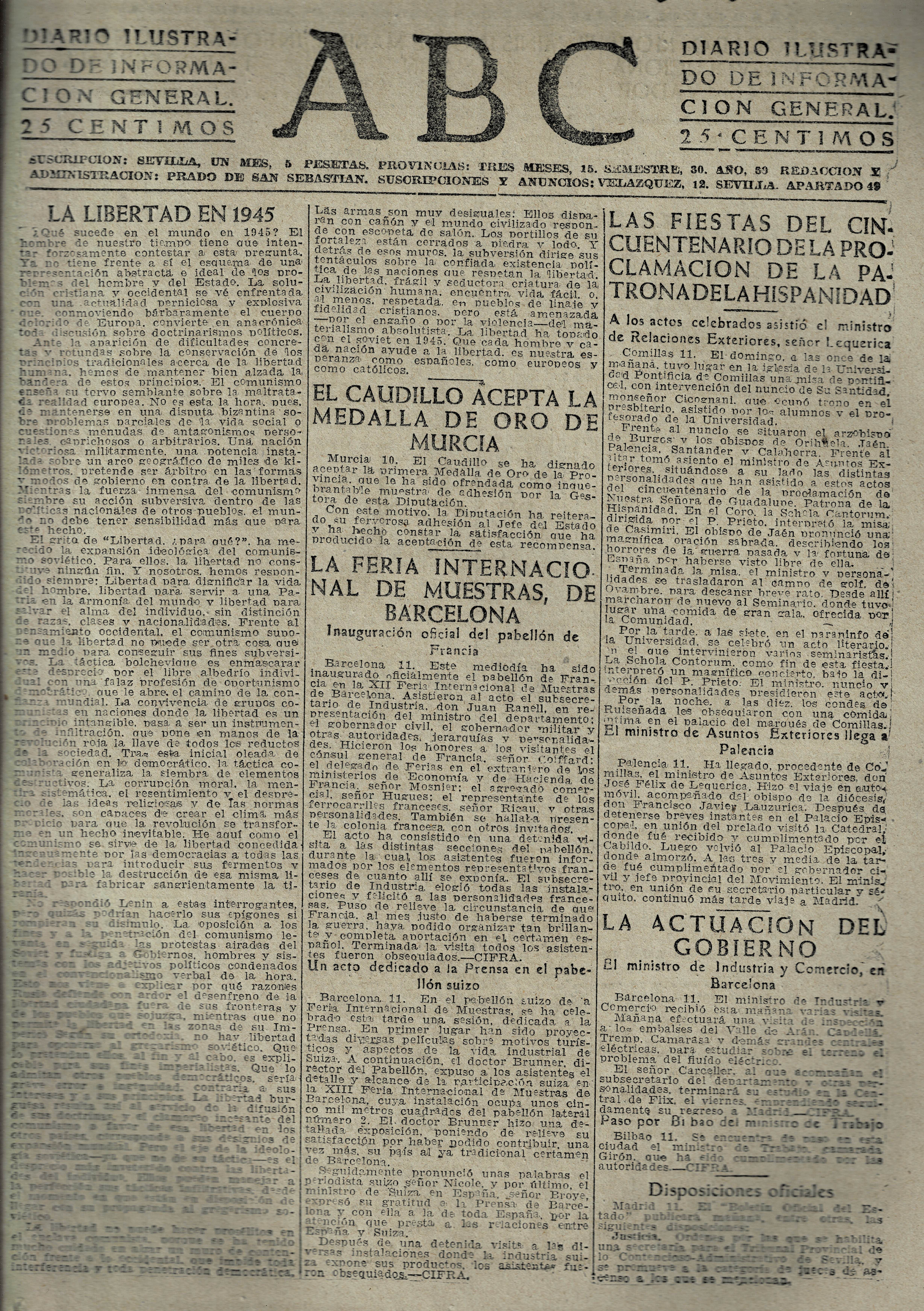 PERIODICO ABC MADRID-SEVILLA 12 DE JUNIO DE 1945 Nº 13052