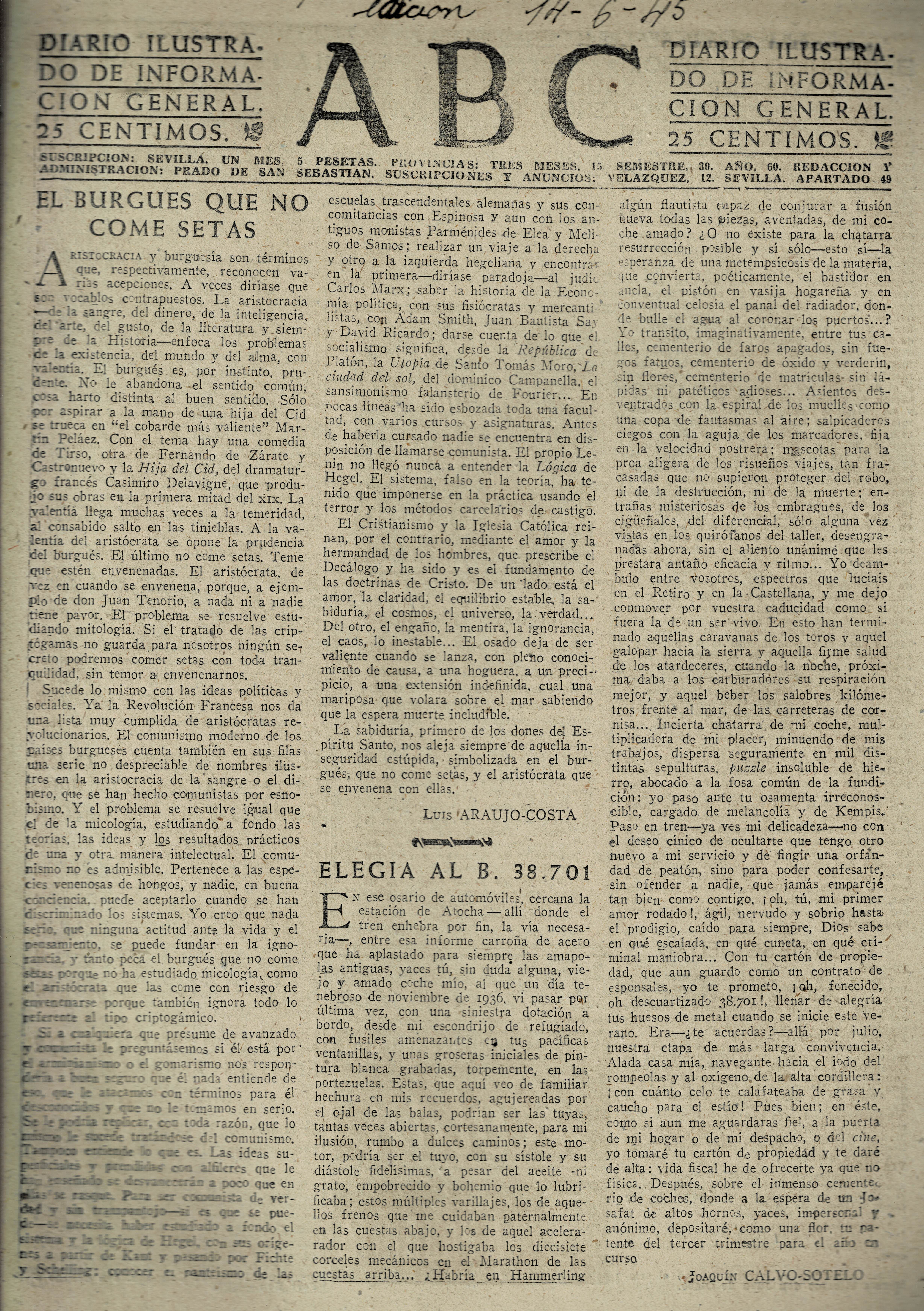 PERIODICO ABC MADRID-SEVILLA 14 DE JUNIO DE 1945 Nº 13054