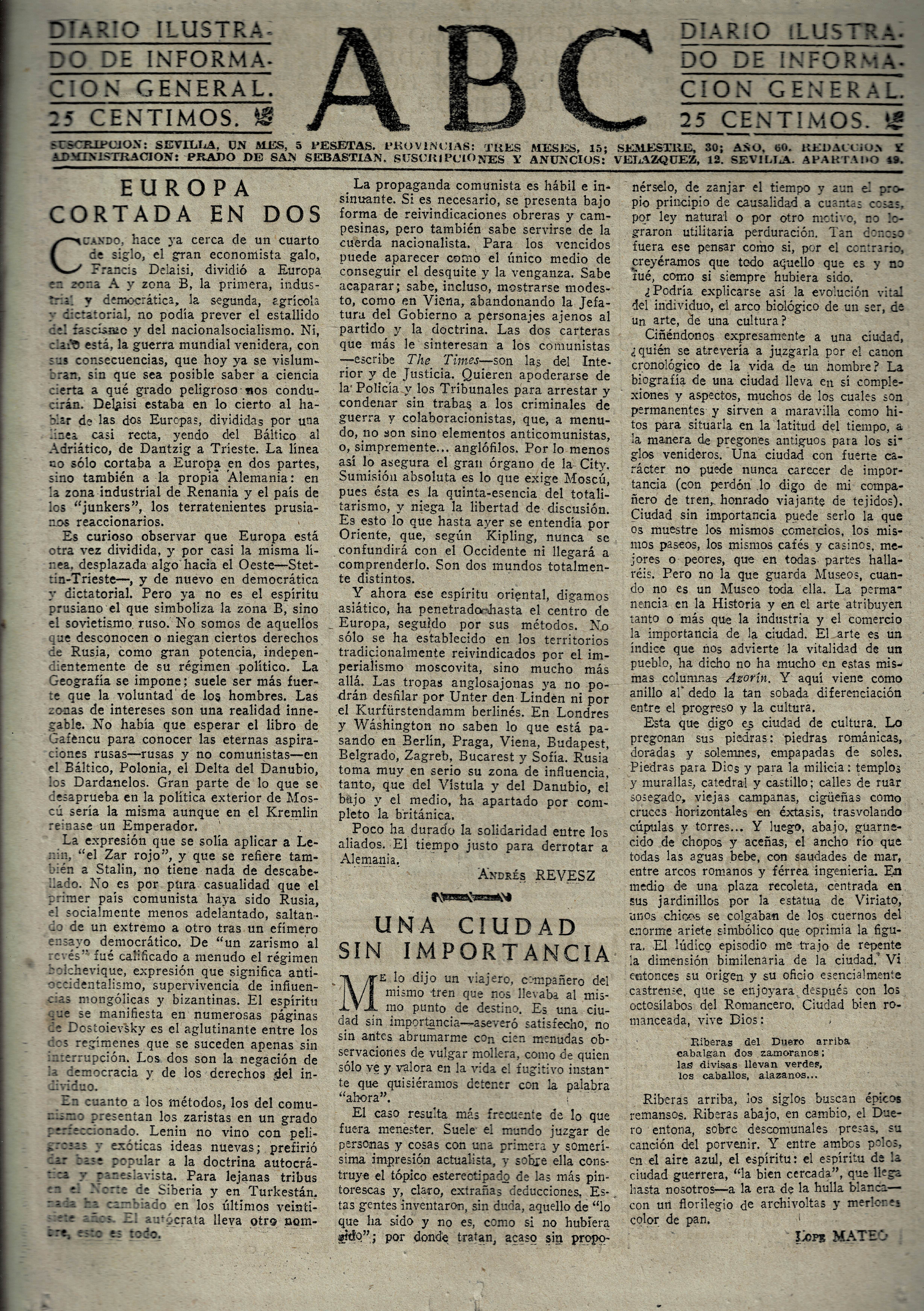 PERIODICO ABC MADRID-SEVILLA 16 DE JUNIO DE 1945 Nº 13056