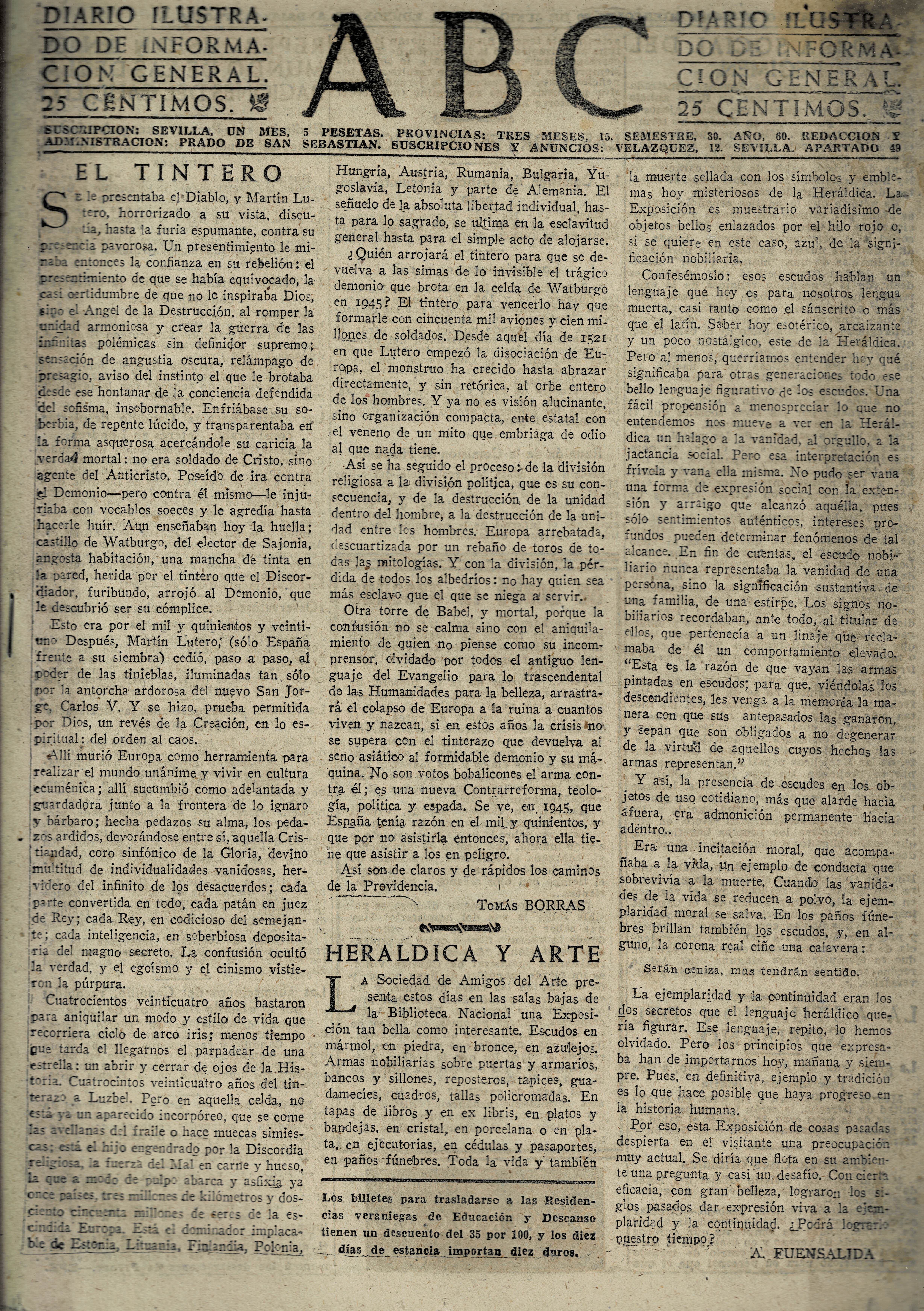 PERIODICO ABC MADRID-SEVILLA 20 DE JUNIO DE 1945 Nº 13059