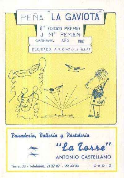 PEÑA LA GAVIOTA 6ªEDICION PREMIO J. Mª.PEMAN DEDICADO A R.DIAZ(FLETILLA) CARNAVAL 1987