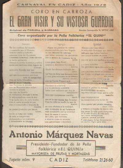 CARNAVAL DE CADIZ 1978. LIBRETO CORO EL GRAN VISIR Y SU VISTOSA GUARDIA