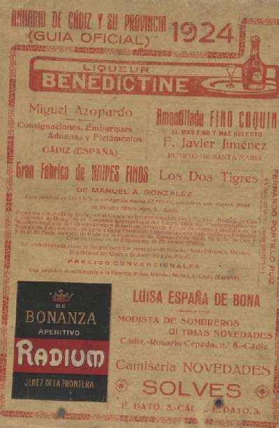 ANUARIO DE CADIZ Y SU PROVINCIA ( GUIA OFICIAL ) 1924 AÑO XIII