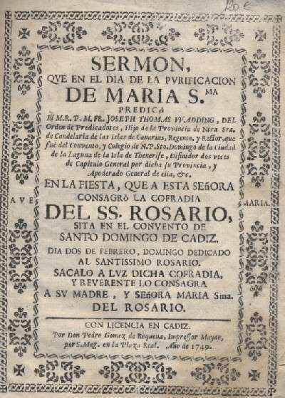 SERMON QUE EN E  DIA DE LA PURIFICACION DE MARIA SMA. PREDICO JOSEPH THOMAS WADDING