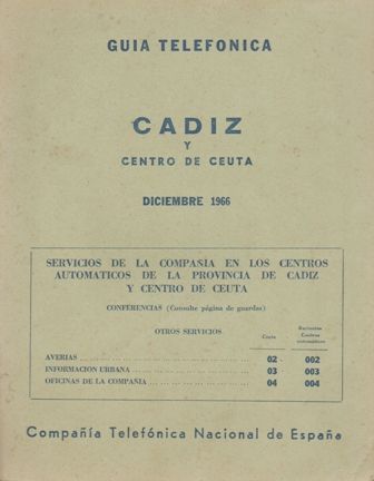 GUIA TELEFONICA CADIZ Y CENTRO DE CEUTA. DICIEMBRE 1966.