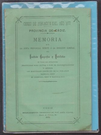 CENSO DE POBLACION DEL AÑO 1877, MEMORIA PROVINCIA DE CADIZ.