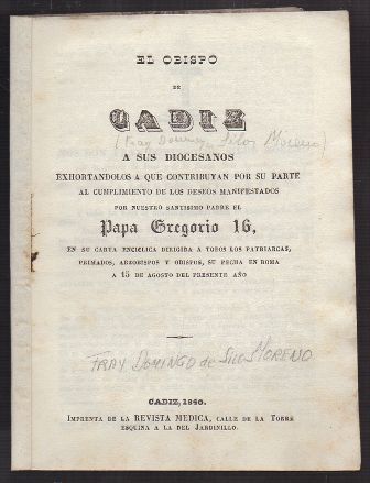 EL OBISPO DE CADIZ FRAY DOMINGO DE SILOS A SUS DIOCESANOS…