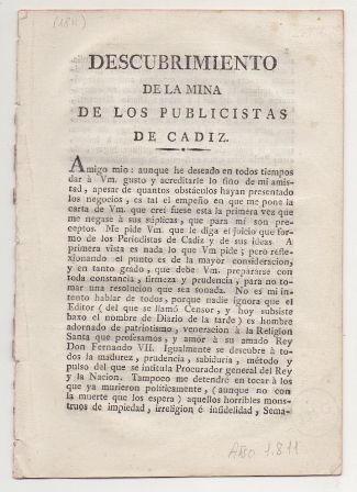 DESCUBRIMIENTO DE LA MINA DE LOS PUBLICISTAS DE CADIZ 1811