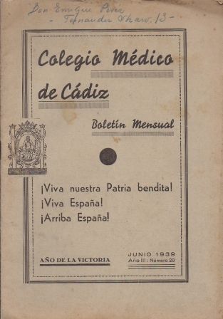 COLEGIO MEDICO DE CADIZ BOLETIN MENSUAL JUNIO 1939 AÑO III Nº 29