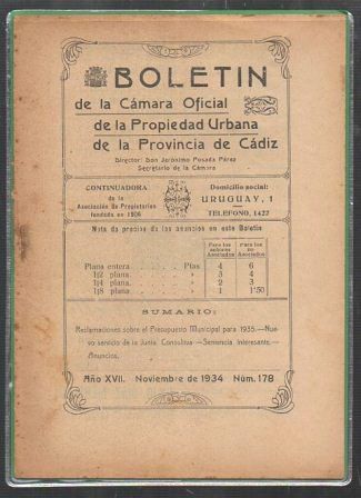 BOLETIN DE LA CAMARA OFICIAL DE LA PROPIEDAD URBANA DE LA PROVINCIA DE CADIZ Nº 174 NOVIEMBRE 1934