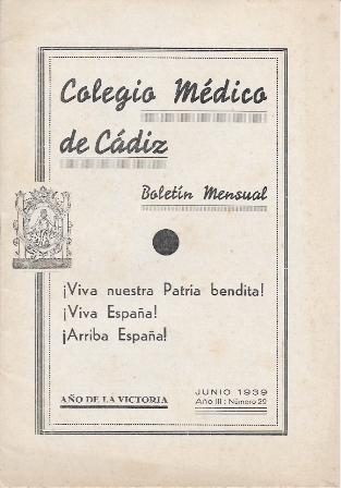 COLEGIO MEDICO DE CADIZ BOLETIN MENSUAL JUNIO 1939 AÑO III Nº 29