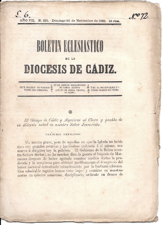 BOLETIN ECLESIASTICO DE LA DIOCESIS DE CADIZ AÑO VII Nº 291 NOVIEMBRE 1839