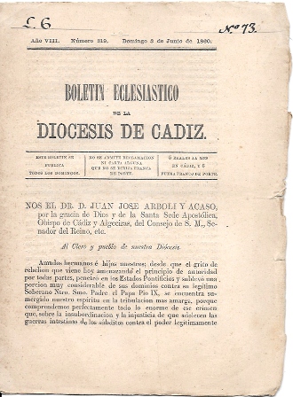 BOLETIN ECLESIASTICO DE LA DIOCESIS DE CADIZ AÑO VIII Nº 319 JUNIO 1860