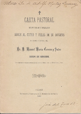 CARTA PASTORAL DIRIGIDA AL CLERO Y FIELES DE SU DIOCESIS POR OBISPO M.M. CERERO Y SOLER
