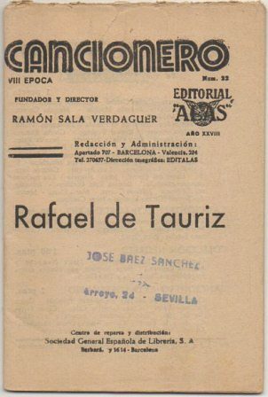 CANCIONERO "RAFAEL DE TAURIZ". AÑO XXVlll EPOCA, Nº 22