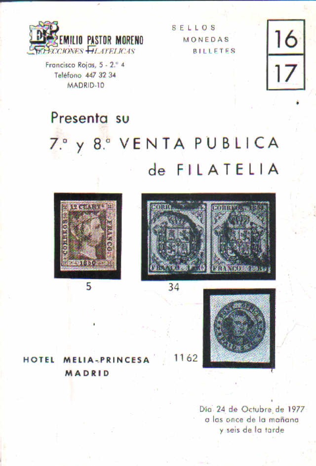 SELLOS MONEDAS Y BILLETES 16-17. PRESA SU 7º Y 8º VENTA PUBLICA FILATELIA. DIA 24 OCUTBRE 1977.