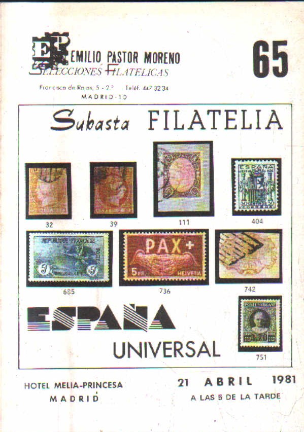 SUBASTA FILATELIA. Nº 65. 21 DE ABRIL 1981.