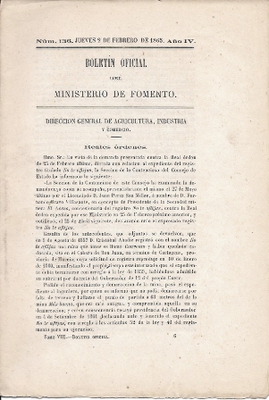 BOLETIN OFICIAL DEL MINISTERIO DE FOMENTO Nº 136 - AÑO IV FEBRERO 1865 ORDEN AGRICOLA