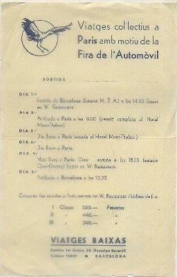 FOLLETO TURISTICO. VIATGES COLLECTIUS A PARIS. FERIA DE L'AUTOMOVIL