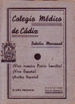 COLEGIO MEDICO DE CADIZ. BOLETIN MENSUAL. AÑO II Nº14 1938.