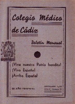 COLEGIO MEDICO DE CADIZ. BOLETIN MENSUAL. AÑO II Nº20 1938.