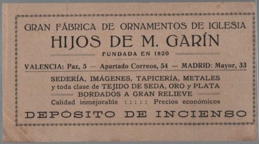 QUINTIN RUIZ DE GAUNA. GRAN FABRICA DE ORNAMENTOS DE IGLESIA HIJOS DE GARIN
