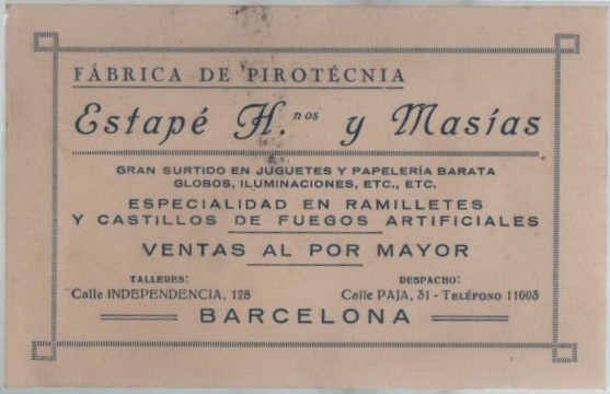 PUBLICIDAD FABRICA PIROTECNIA ESTAPÉ HNOS Y MASÍAS BARCELONA
