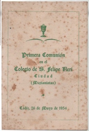INVITACION DOBLE 1954 PRIMERA COMUNION COLEGIO SAN FELIPE NERI (CÁDIZ)