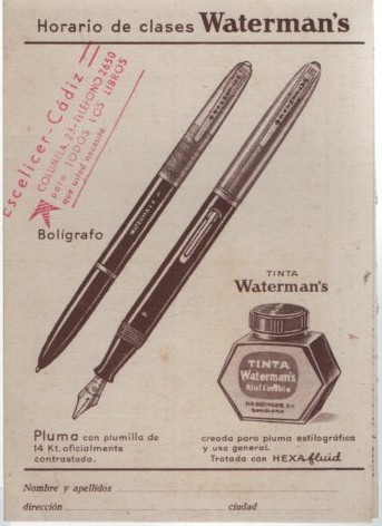 TINTA WATERMAN´S CON HORARIO DE CLASE. DESPLEGABLE