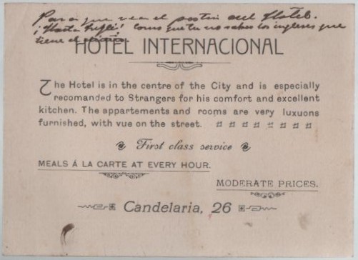 TARJETA PUBLICITARIA HOTEL INTERNACIONAL 1911